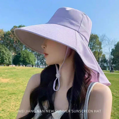 新款夏季馬尾帽，大帽簷遮陽帽，女士頸部保護漁夫帽，戶外帽