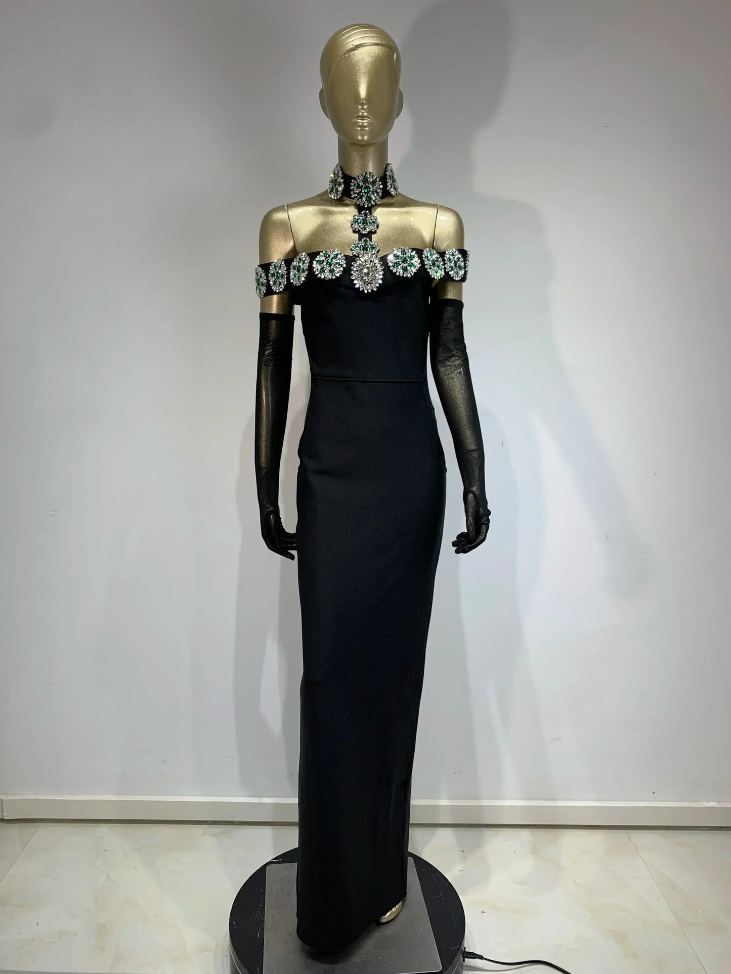 繃帶連身裙 明星性感鑽石水晶黑色長緊身連身裙