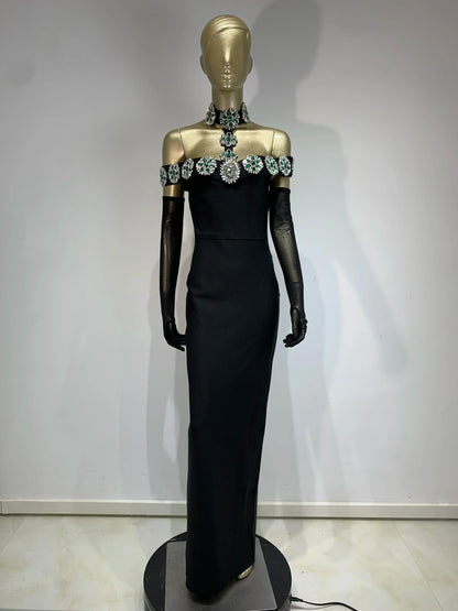 繃帶連身裙 明星性感鑽石水晶黑色長緊身連身裙