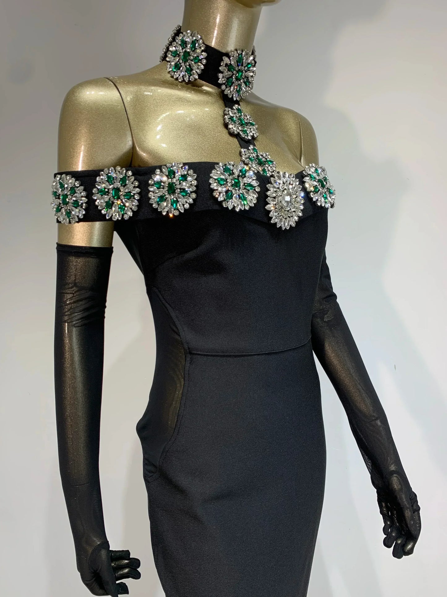 繃帶連身裙 明星性感鑽石水晶黑色長緊身連身裙