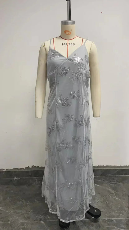 Women Dresses Sleeveless V Neck Pullover Sequins Dress