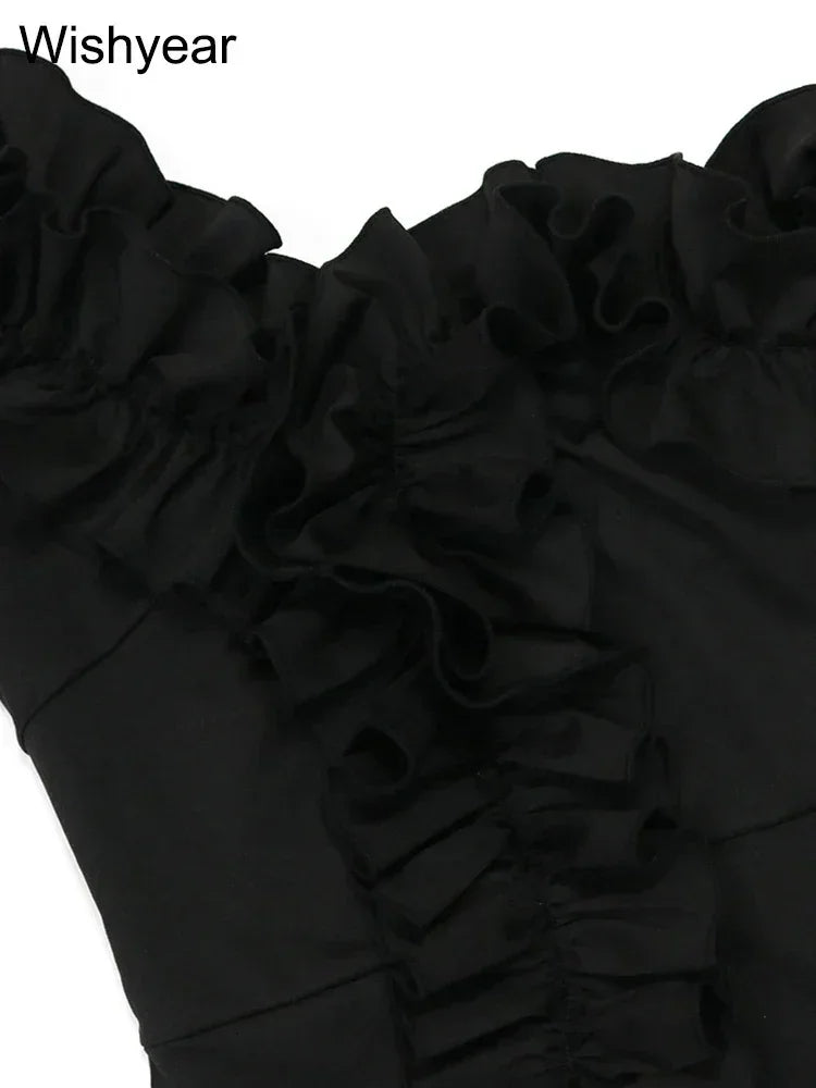 Bodycon sin mangas con hombros descubiertos y borde de orejas de madera con volantes