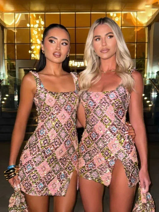 Colorful Rhombus Sequins Sexy Mini Dress Elegant Chic Straps Slit Bodycon