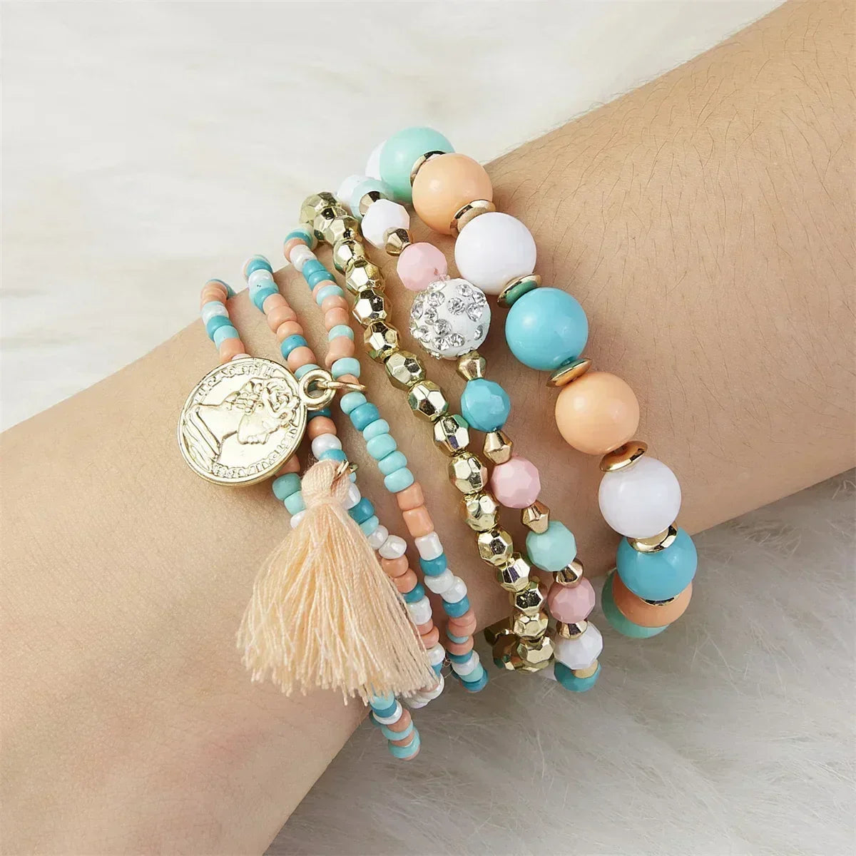 Pulseras de cuentas multicolores con borlas de cristal bohemio para mujer, hechas a mano, con cuerda elástica, joyería para fiestas de playa de verano