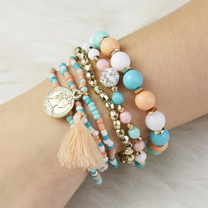 Pulseras de cuentas multicolores con borlas de cristal bohemio para mujer, hechas a mano, con cuerda elástica, joyería para fiestas de playa de verano