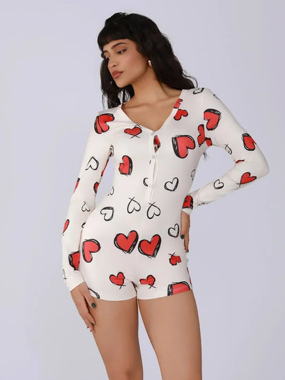 Body de una pieza para mujer, pijama sexy de chica sexy con estampado digital de corazón, conjunto de manga corta, pantalones cortos, ropa para el hogar