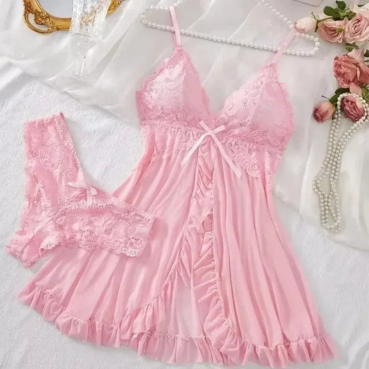 Conjunto de lencería sexy para mujer, sujetador erótico, camisón, ropa de dormir de encaje sexy, vestidos suaves ajustados sólidos, cuello en V, ropa de dormir y vestidos combinados completos