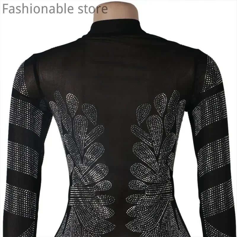Vestido sexy de fiesta ajustado con diseño de diamantes de imitación y malla transparente de color sólido para mujer