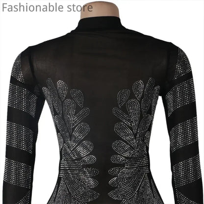 Vestido sexy de fiesta ajustado con diseño de diamantes de imitación y malla transparente de color sólido para mujer