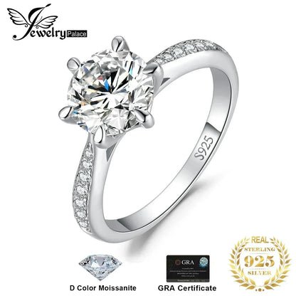 Anillo de compromiso de boda en plata de ley S925 con moissanita color D de JewelryPalace, redondo, 0,5 ct, 1 ct, 1,5 ct, 2 ct y 3 ct, para mujer