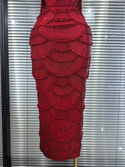 珍珠串珠聖誕洋裝 | 無袖緊身派對禮服 - Femstylo