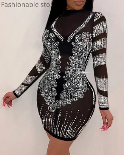 Vestido sexy de fiesta ajustado con diseño de diamantes de imitación y malla transparente de color sólido para mujer