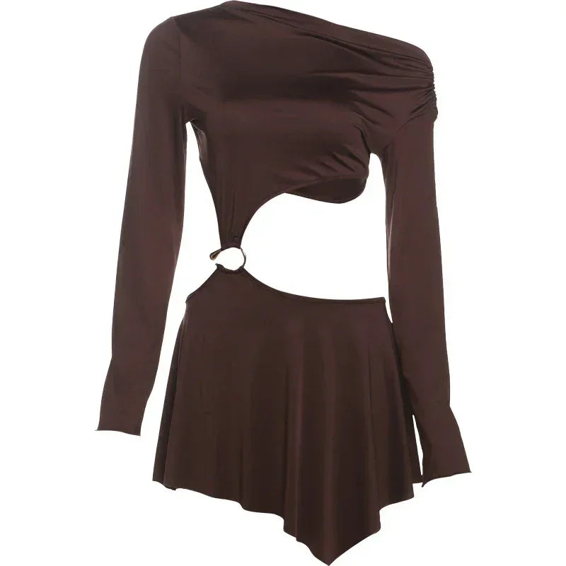 Whatiwear Hollow Waistless Dress Women Skew Collar Off Shoulder