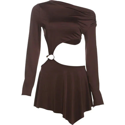 Whatiwear Hollow Waistless Dress Women Skew Collar Off Shoulder