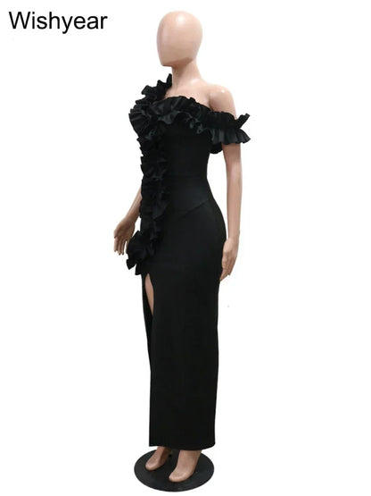 Bodycon sin mangas con hombros descubiertos y borde de orejas de madera con volantes