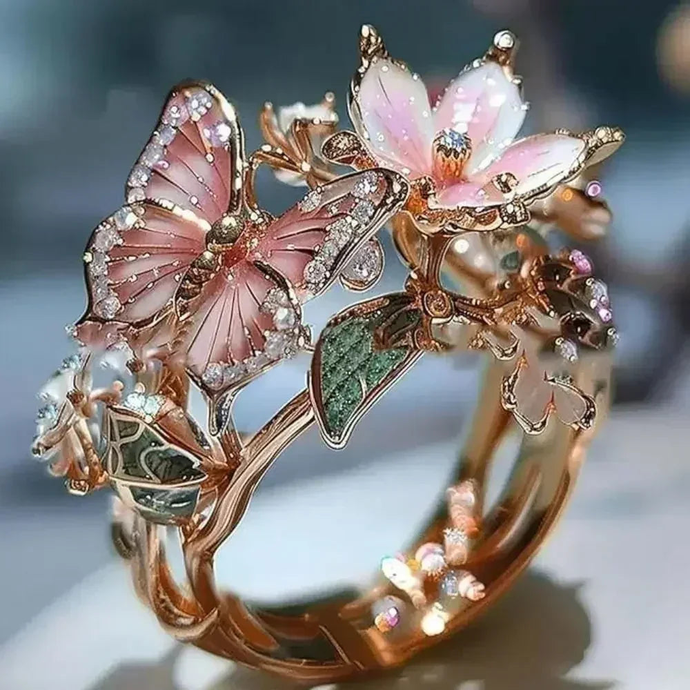 Anillos estéticos de flores y mariposas para mujer, románticos, con diamantes de imitación, elegantes, que no se decoloran, joyería de boda para mujer, regalo de fiesta