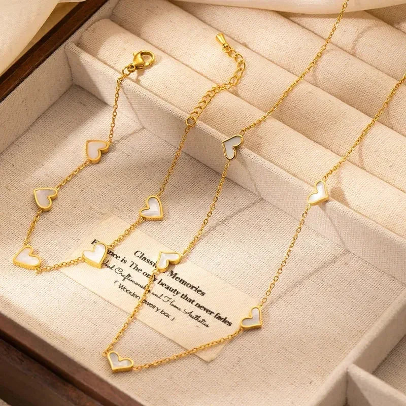 ANENJERY - Collar, pulsera y pendientes de acero inoxidable 316L con forma de corazón y concha para mujeres y niñas, conjunto de joyería sencilla de moda, regalos al por mayor