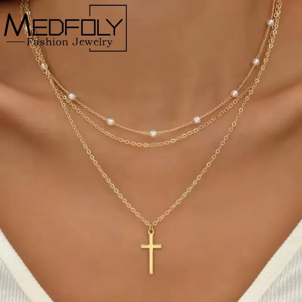 MEDFOLY 3pcs Gold Charm Necklace For Women Star Pearl Cross Pendant Neckalces Dainty 14K Gold Plated Summer Beach Jewelry Gifts