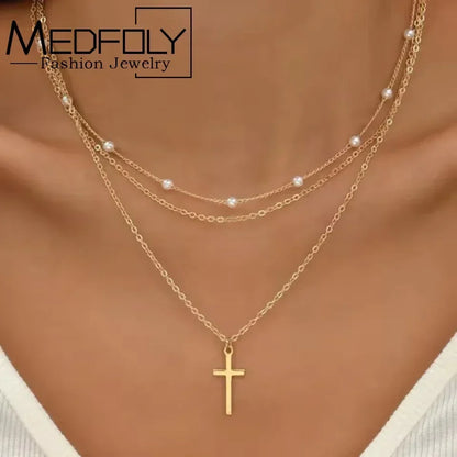 MEDFOLY 3pcs Gold Charm Necklace For Women Star Pearl Cross Pendant Neckalces Dainty 14K Gold Plated Summer Beach Jewelry Gifts