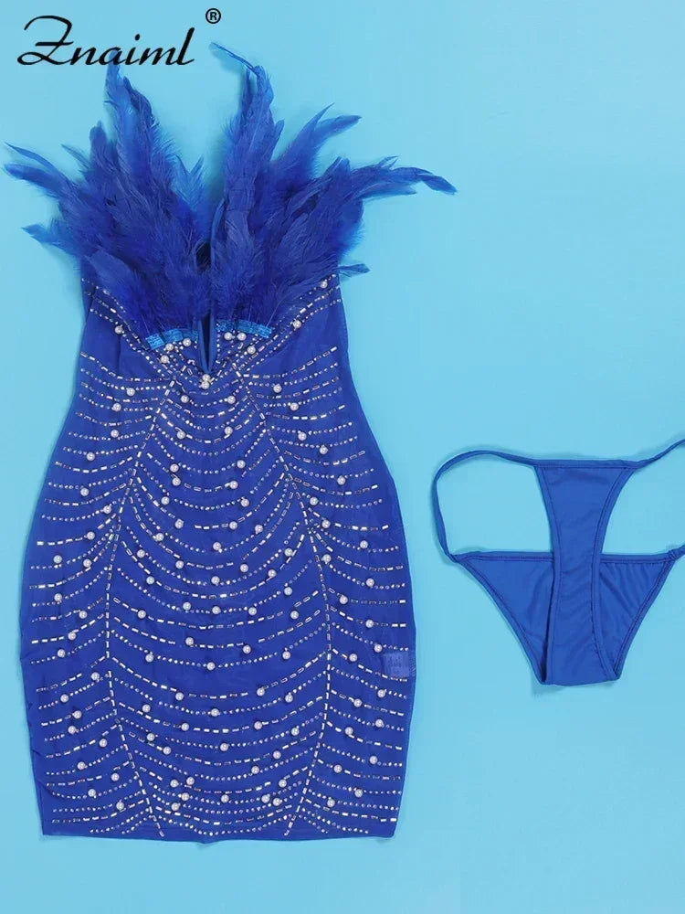 Vestido transparente con diamantes de imitación y plumas sexys de Znaiml