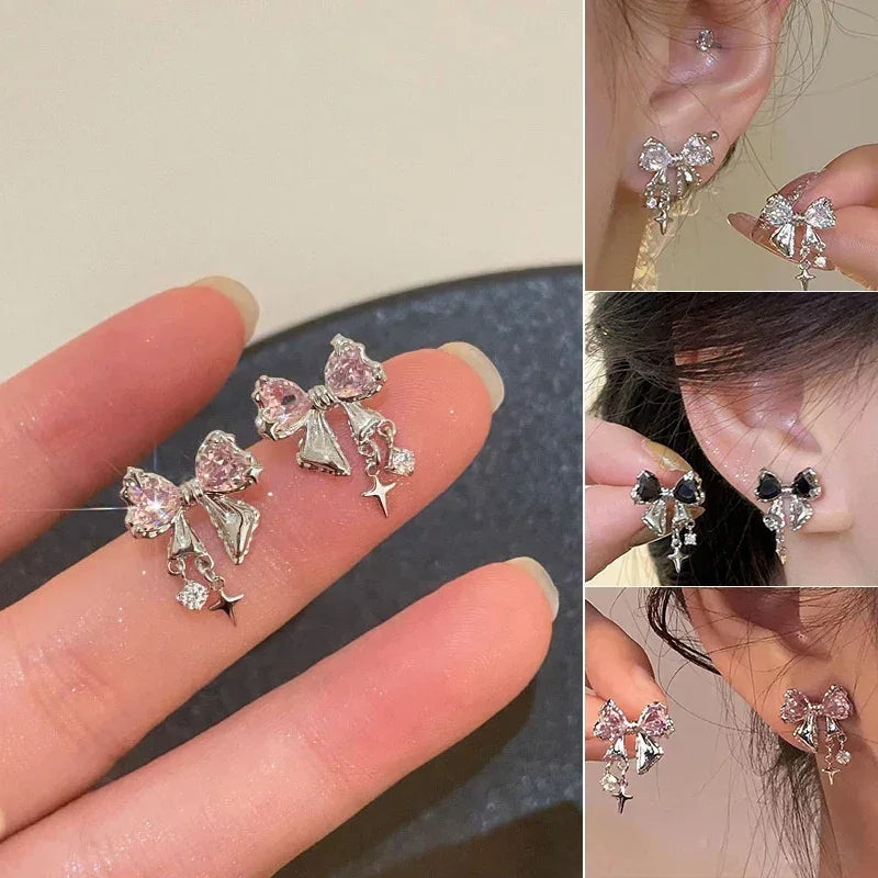 Nuevos pendientes de botón de circonita con lazo Y2K para mujer, moda coreana, color plata, cristal rosa, pendientes con personalidad, joyería para fiestas, regalos