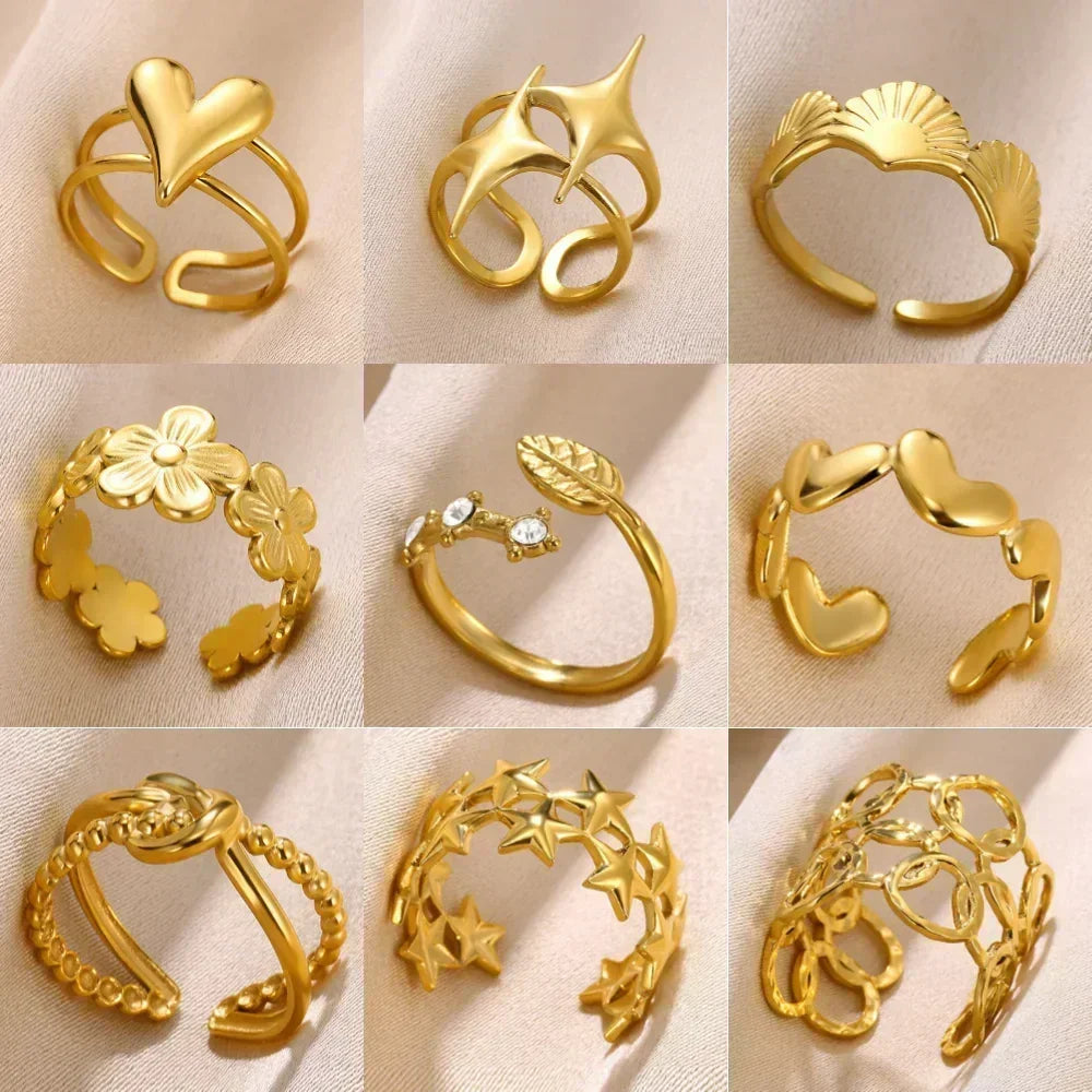 Anillos abiertos de acero inoxidable con forma de flor para mujer, joyería de moda para bodas, corazón, color dorado, anillo hueco geométrico, accesorios diarios, regalo