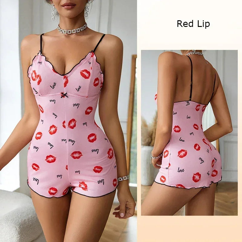 Pijama de una pieza para mujer, con estampado de labios rojos, sin mangas, corto, con tirantes y cuello en V, divertido