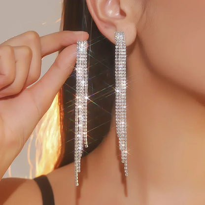 Pendientes largos con borlas de cristal y diamantes de imitación brillantes de 4 líneas TREAZY para mujer, pendientes colgantes para bodas y fiestas, pendientes de novia