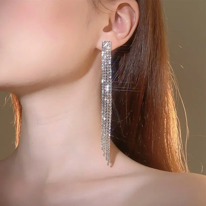 Pendientes largos con borlas de cristal y diamantes de imitación brillantes de 4 líneas TREAZY para mujer, pendientes colgantes para bodas y fiestas, pendientes de novia