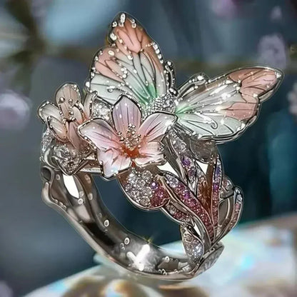 Anillos estéticos de flores y mariposas para mujer, románticos, con diamantes de imitación, elegantes, que no se decoloran, joyería de boda para mujer, regalo de fiesta