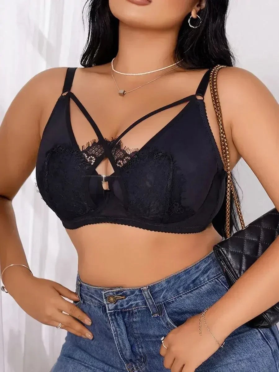 女士加大尺寸內衣，半罩杯聚攏上托前扣蕾絲交叉設計，適合豐滿女性，尺寸 XL-XXXL，MR2895