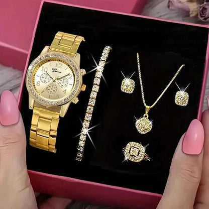 5-Piece Elegant Luxury Gold Watch & Jewelry Set - Perfect Gift for Any Occasion