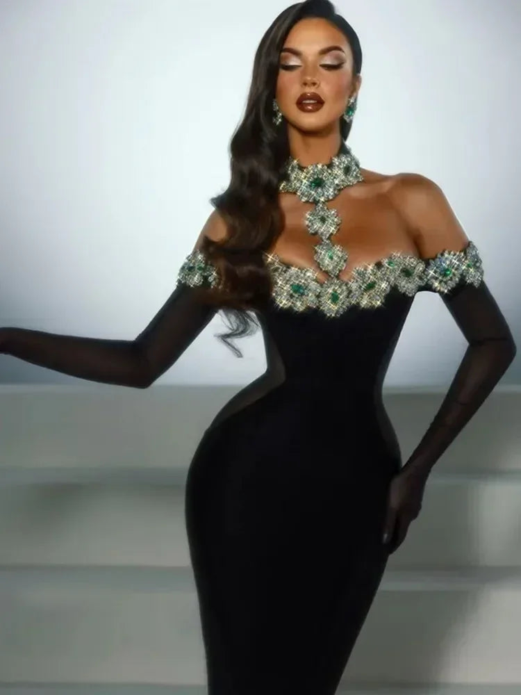 繃帶連身裙 明星性感鑽石水晶黑色長緊身連身裙