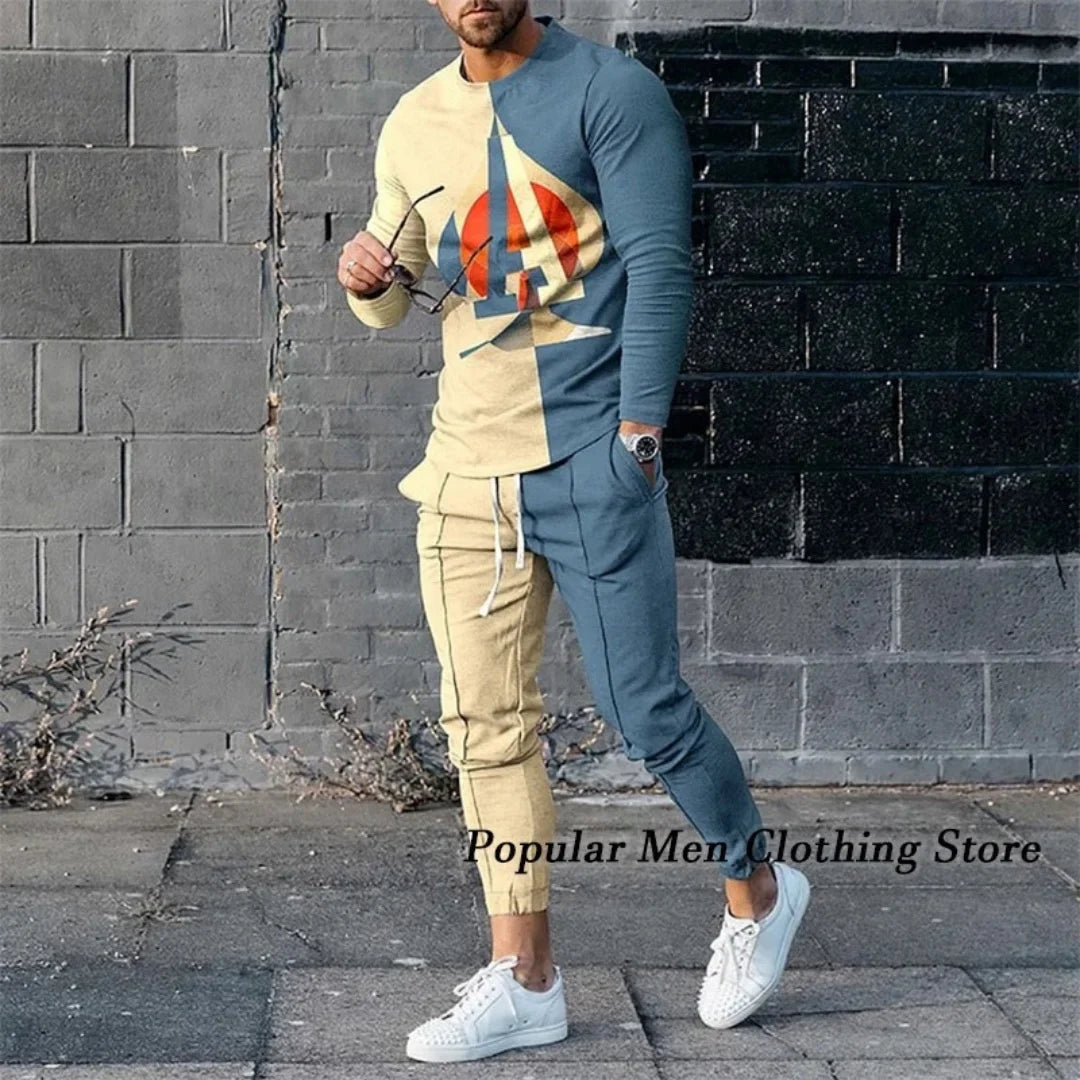 Men Long Sleeved T Shirt+Trousers Tracksuit 2 Piece
