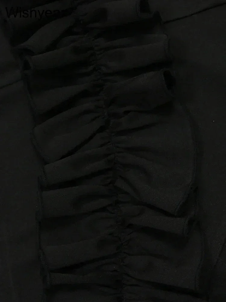 Bodycon sin mangas con hombros descubiertos y borde de orejas de madera con volantes