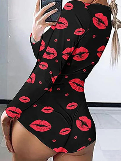 Mono de manga larga para mujer, para San Valentín, ajustado, con cuello en V, estampado de labios y corazones, abotonado, corto, para dormir en interiores