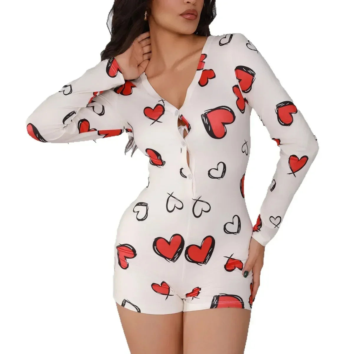 Body de una pieza para mujer, pijama sexy de chica sexy con estampado digital de corazón, conjunto de manga corta, pantalones cortos, ropa para el hogar