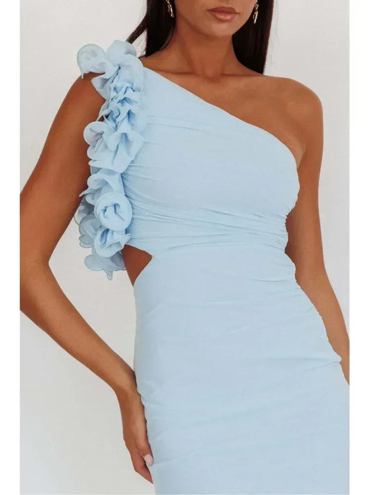 Articat Elegante Vestido Ajustado con Hombros Inclinados y Flores