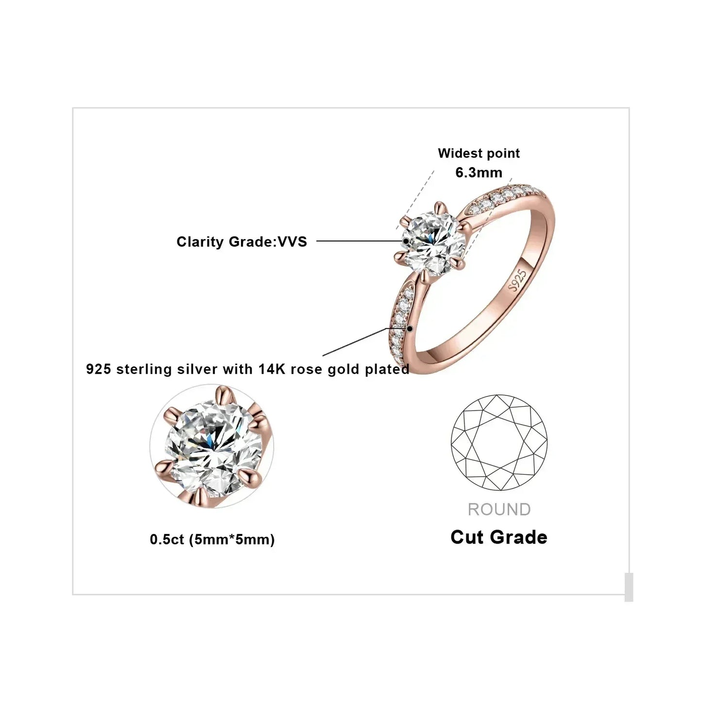 Anillo de compromiso de boda en plata de ley S925 con moissanita color D de JewelryPalace, redondo, 0,5 ct, 1 ct, 1,5 ct, 2 ct y 3 ct, para mujer