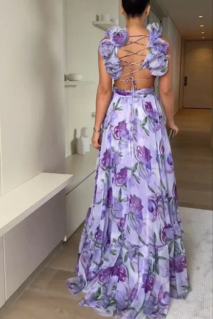 印花雪紡長裙 夏季時尚 優雅V領 荷葉邊