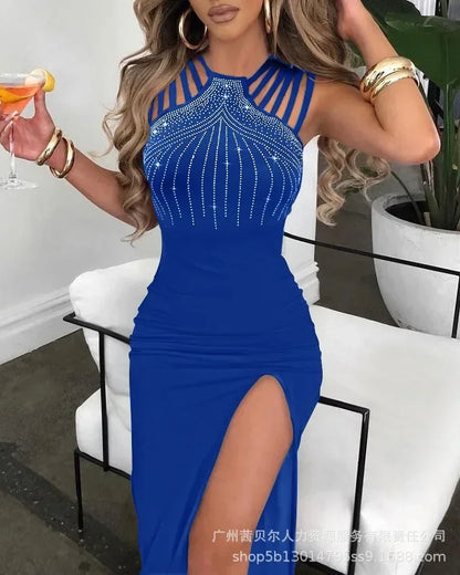 Vestido halter de lúrex con purpurina para mujer, corte entallado, abertura alta, cadena metálica, hasta media pantorrilla, primavera y verano