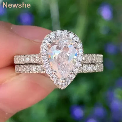 Anillo de compromiso Newshe de 2 piezas con forma de lágrima para mujer, de plata 925, con circonitas cúbicas de alta calidad.