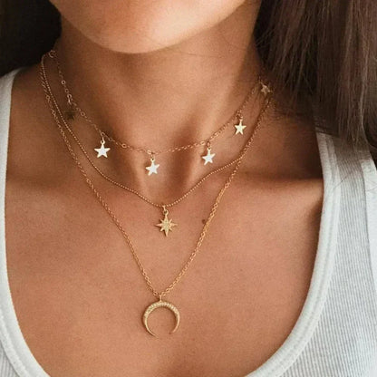 MEDFOLY 3pcs Gold Charm Necklace For Women Star Pearl Cross Pendant Neckalces Dainty 14K Gold Plated Summer Beach Jewelry Gifts