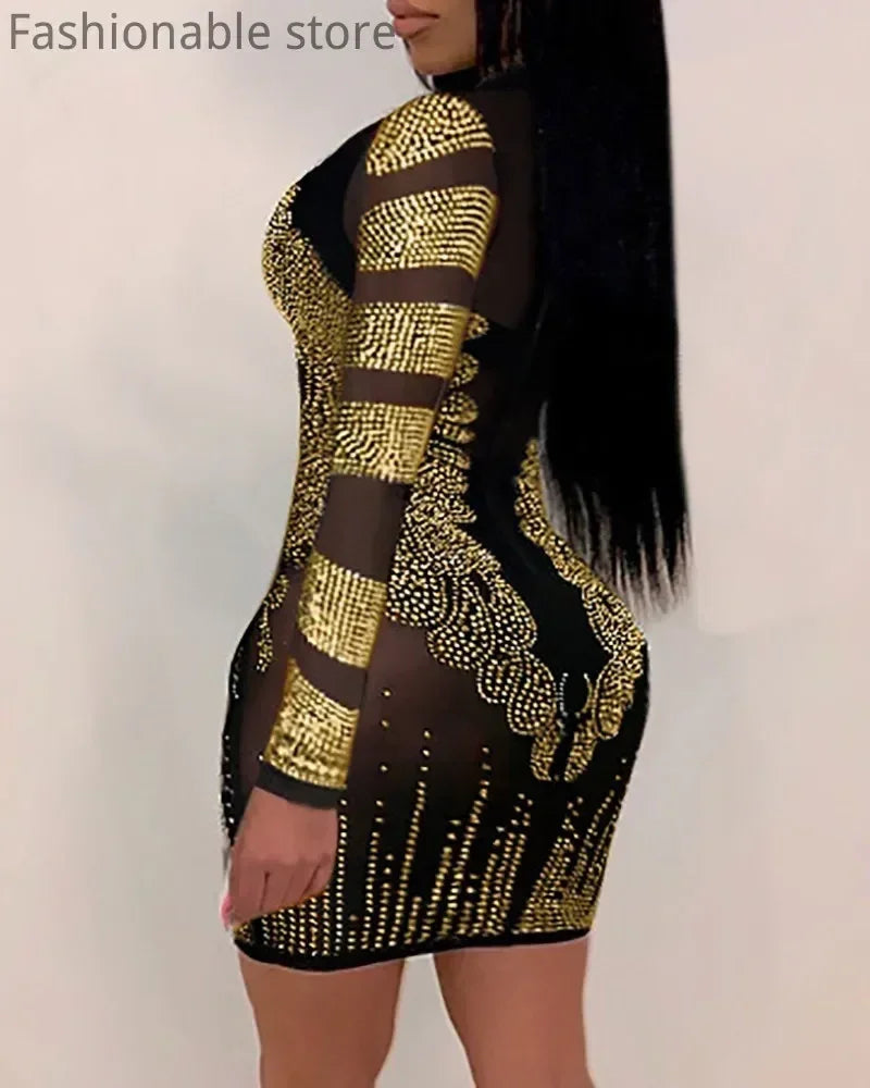 Vestido sexy de fiesta ajustado con diseño de diamantes de imitación y malla transparente de color sólido para mujer