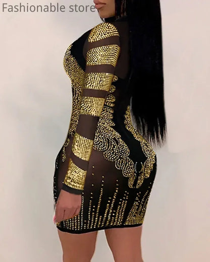 Vestido sexy de fiesta ajustado con diseño de diamantes de imitación y malla transparente de color sólido para mujer