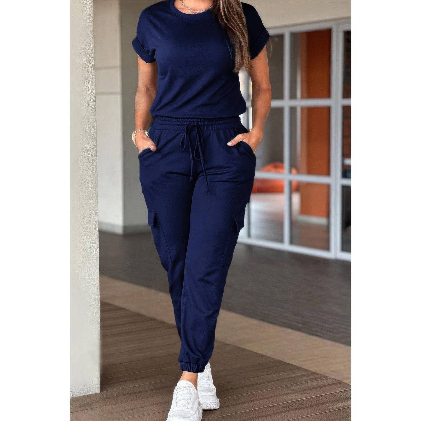 One Piece Solid Round Neck Shirt Drawstring Jumpsuit