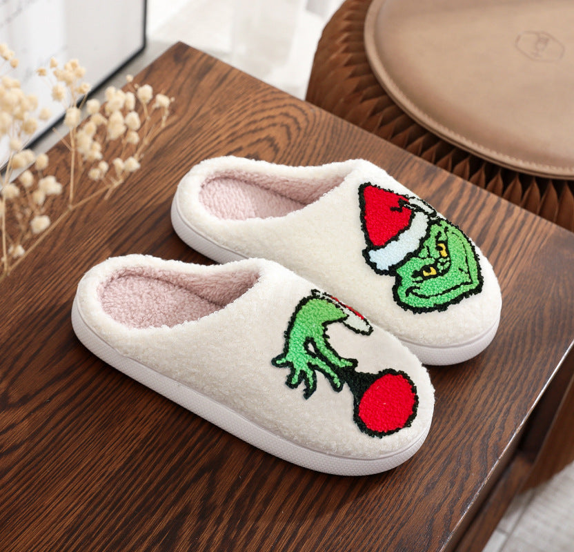 Pantuflas navideñas de piel verde con gorro navideño para hombre y mujer, pantuflas de piel de invierno para el hogar 