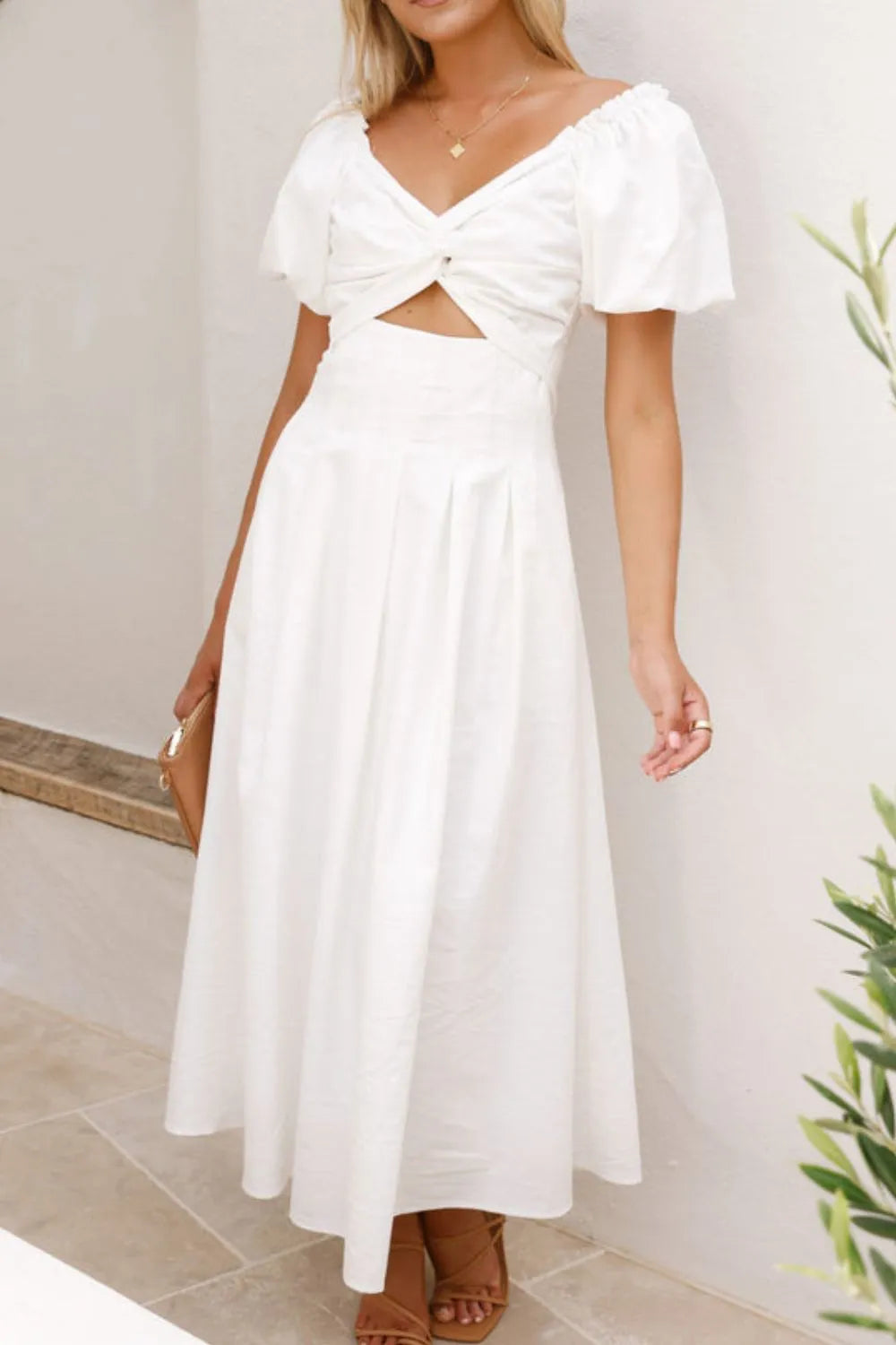 甜美寧靜泡泡袖中長連身裙