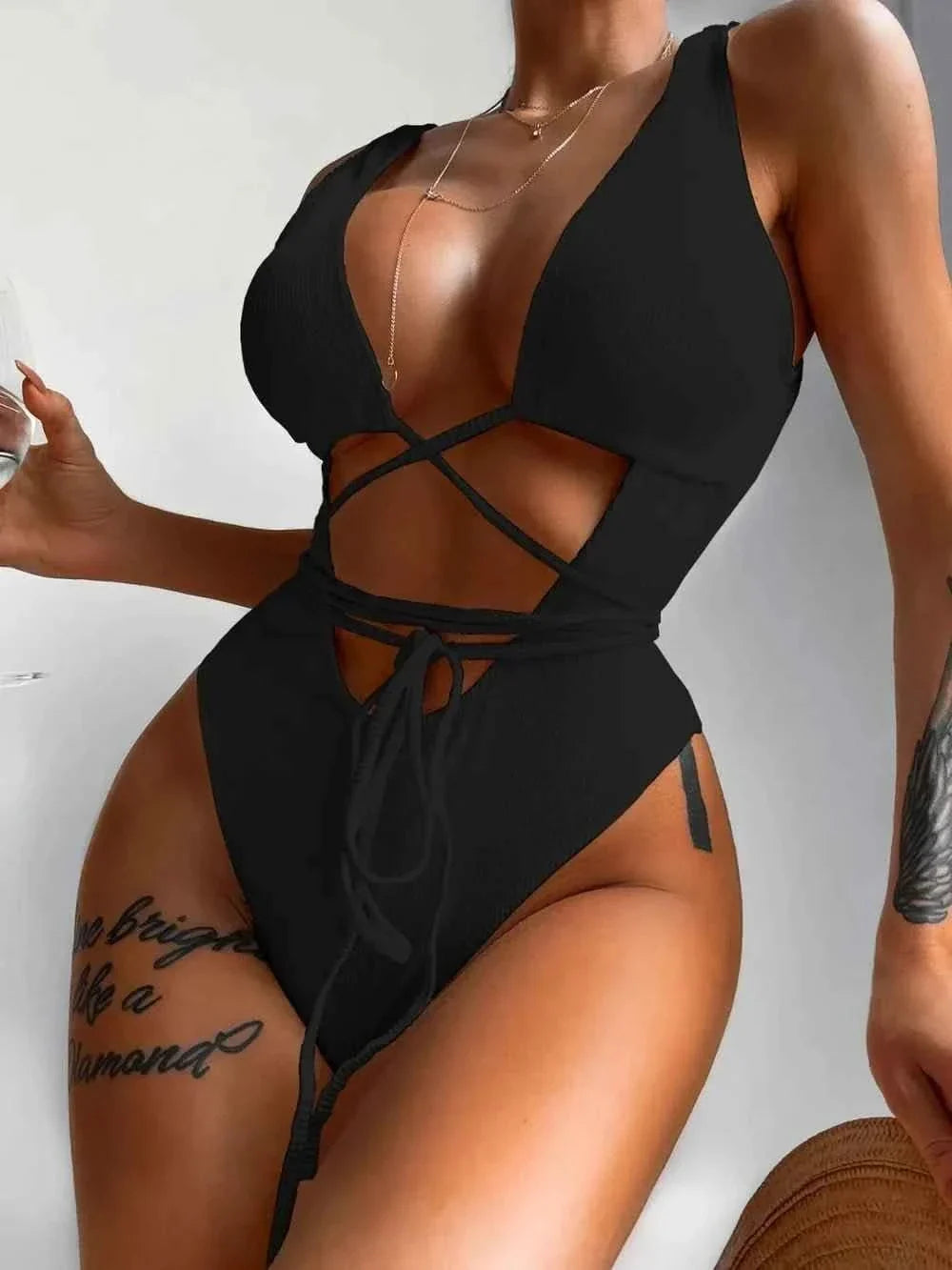 Ribbed Lace Up : One-Piece Swimsuit