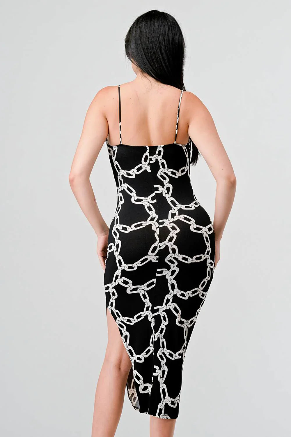 時尚鏈條印花側開衩中長洋裝